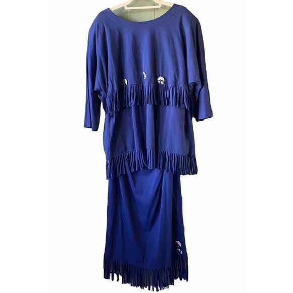 Womens Size 1XL Skirt & Shirt Set Blue w/ Fringe Conchos Western Rodeo Vintage - Picture 3 of 13